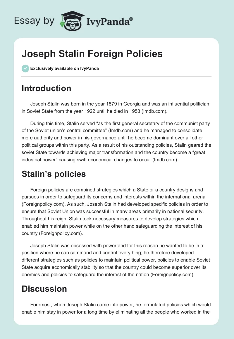 Joseph Stalin Foreign Policies. Page 1