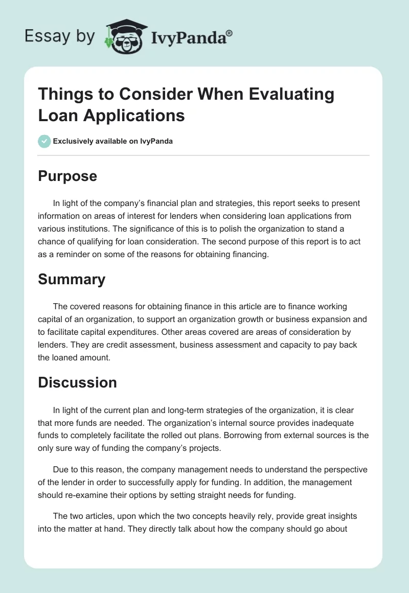 Things to Consider When Evaluating Loan Applications. Page 1