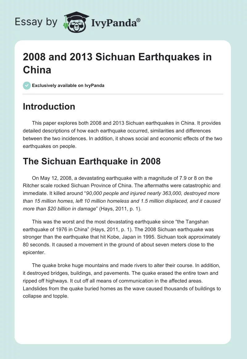 2008 and 2013 Sichuan Earthquakes in China. Page 1