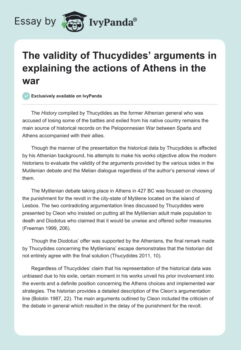 The Validity of Thucydides’ Arguments in Explaining the Actions of Athens in the War. Page 1
