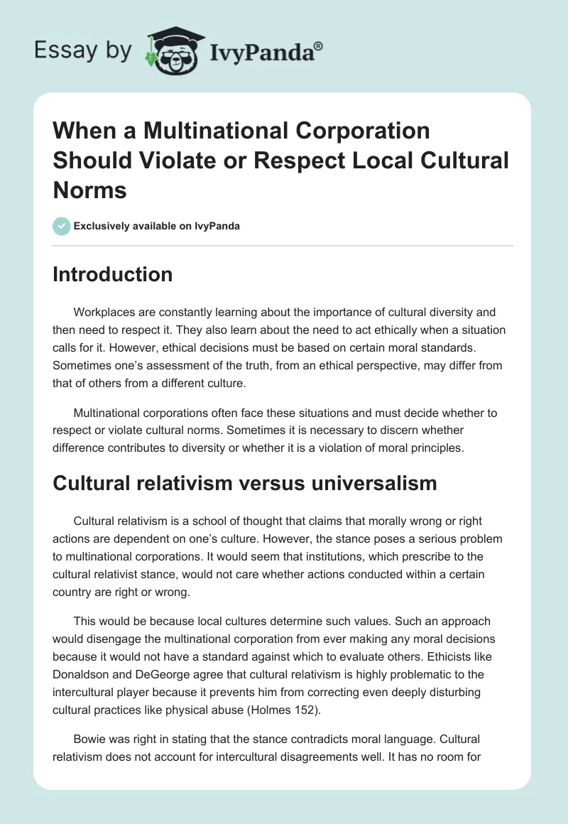 When a Multinational Corporation Should Violate or Respect Local Cultural Norms. Page 1