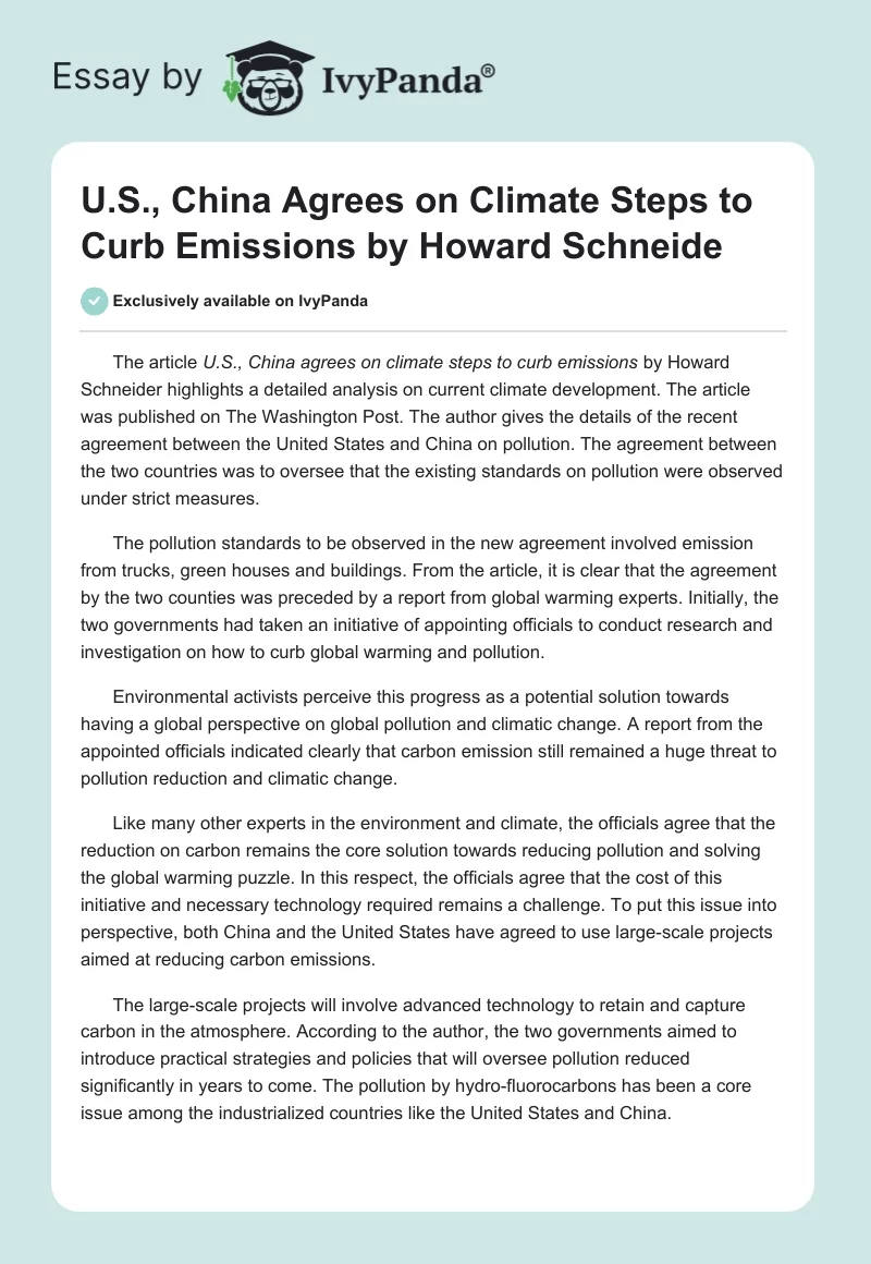 U.S., China Agrees on Climate Steps to Curb Emissions by Howard Schneide. Page 1