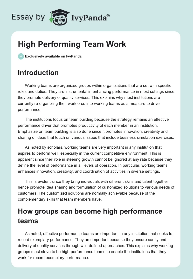 High Performing Team Work. Page 1