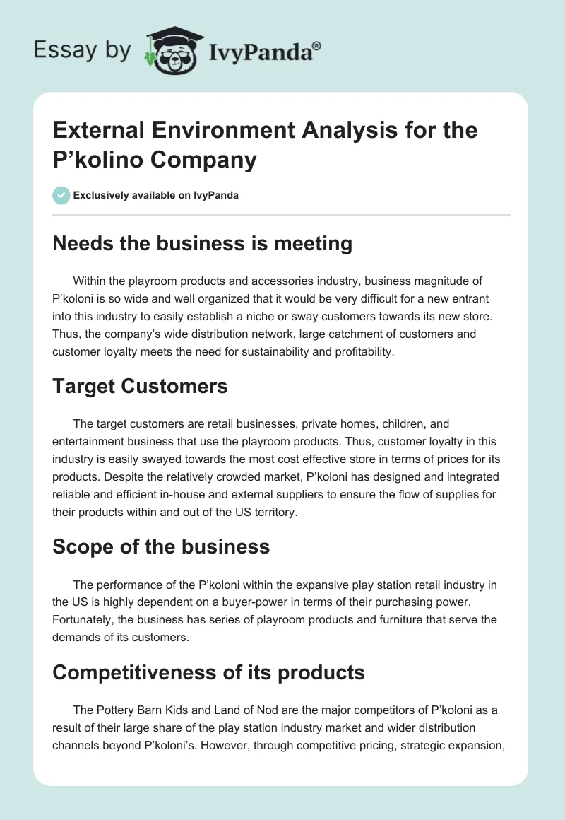 External Environment Analysis for the P’kolino Company. Page 1