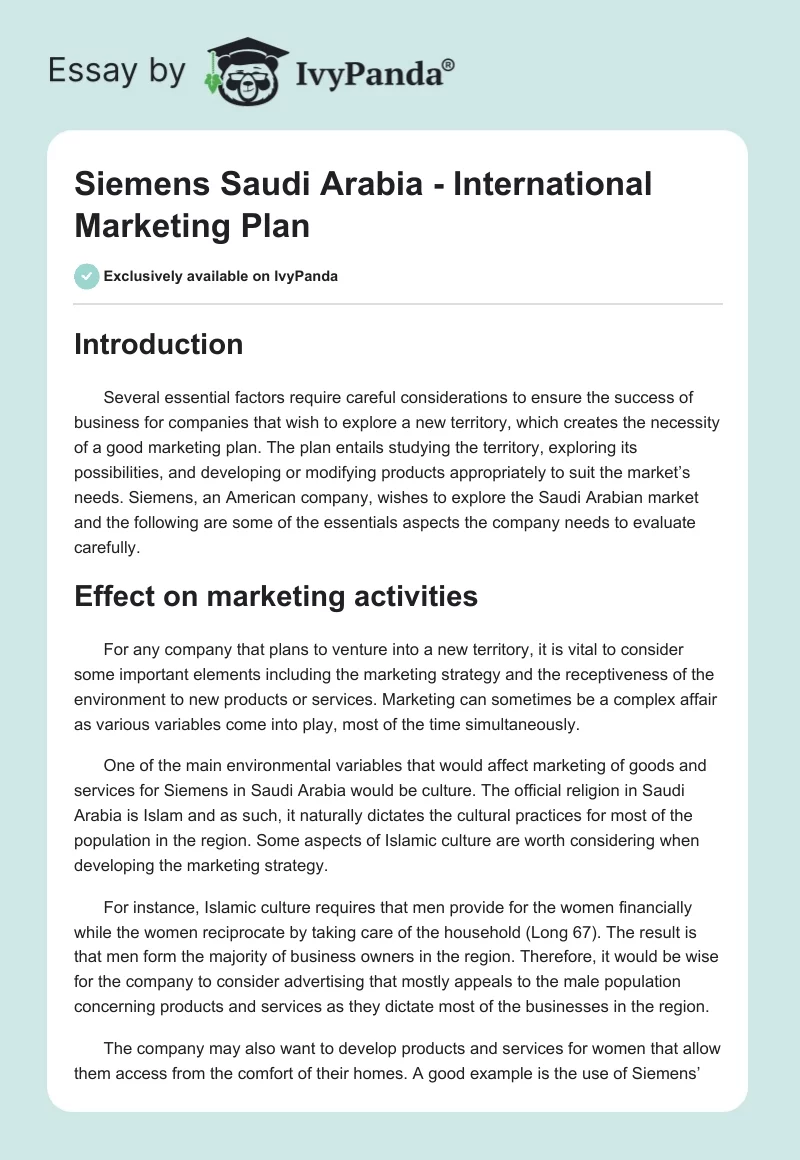 Siemens Saudi Arabia - International Marketing Plan. Page 1