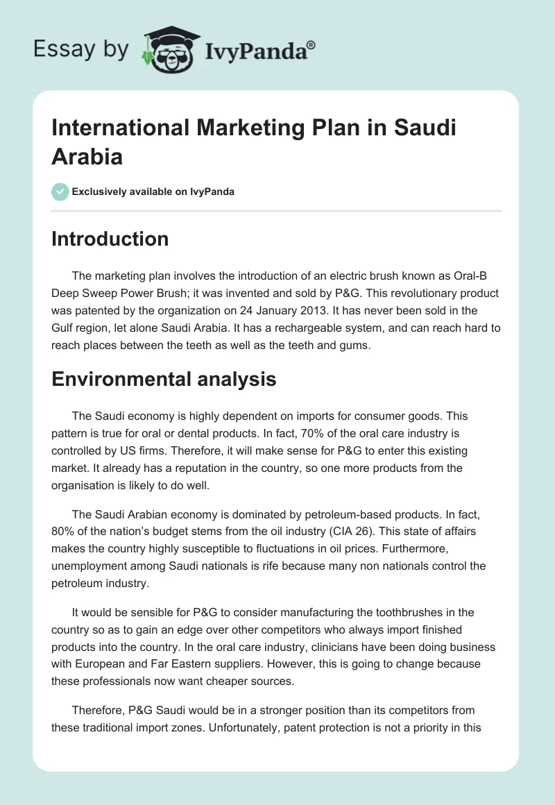 International Marketing Plan in Saudi Arabia. Page 1