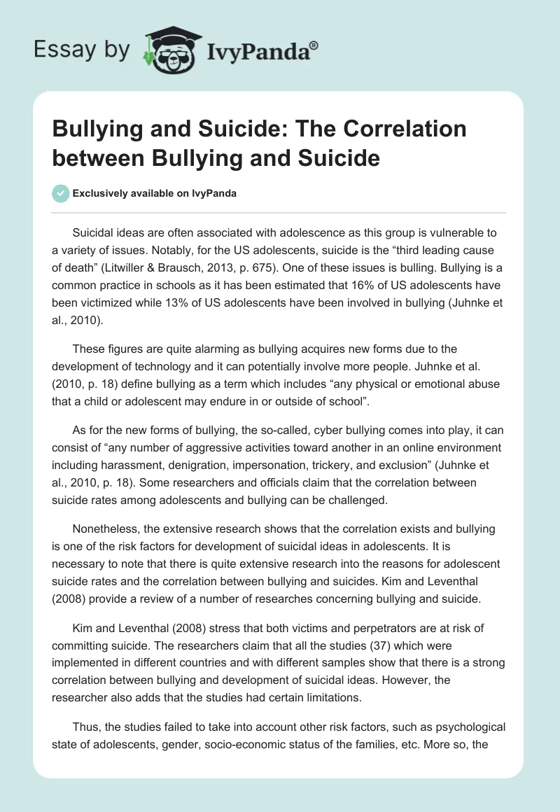 Bullying and Suicide: The Correlation Between Bullying and Suicide. Page 1