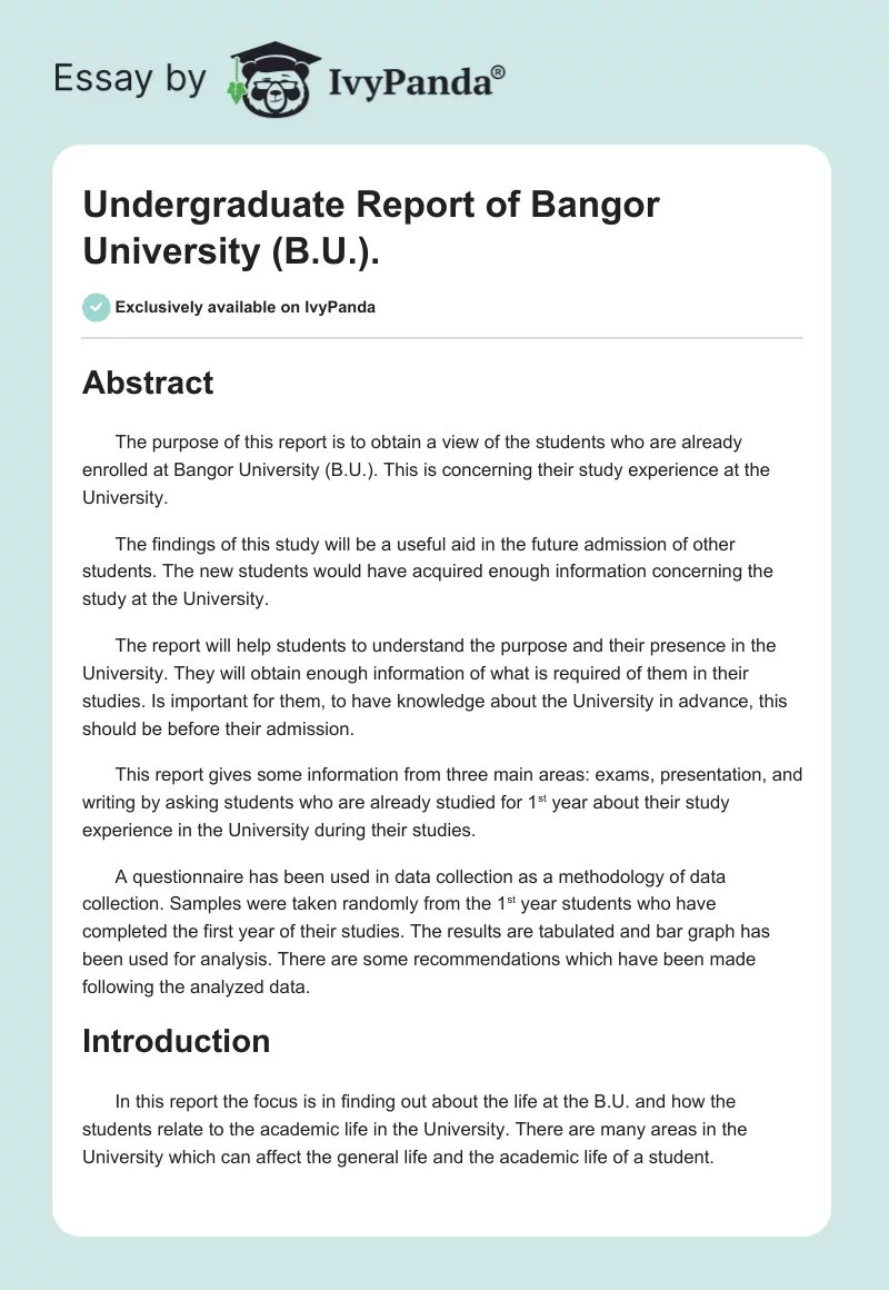 Undergraduate Report of Bangor University (B.U.).. Page 1
