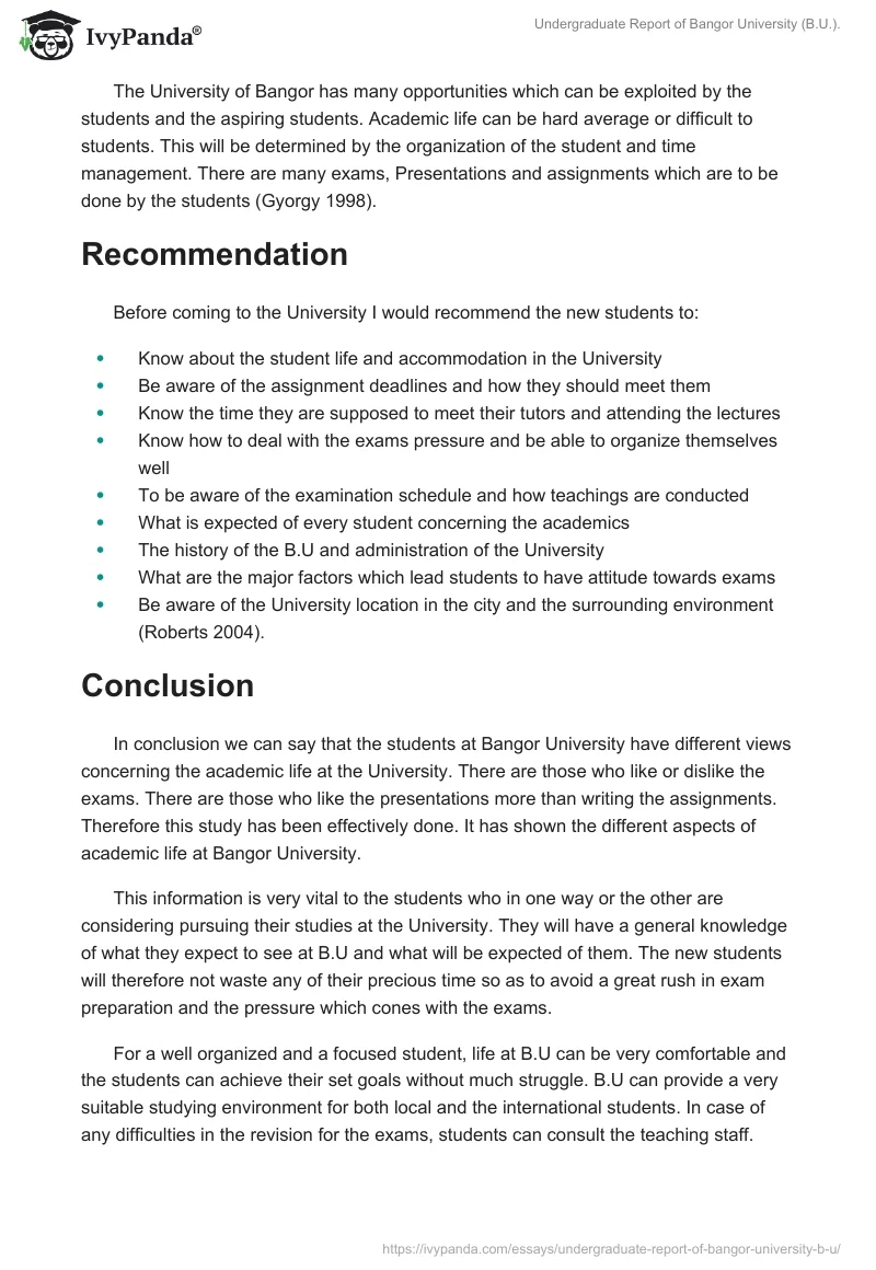 Undergraduate Report of Bangor University (B.U.).. Page 5