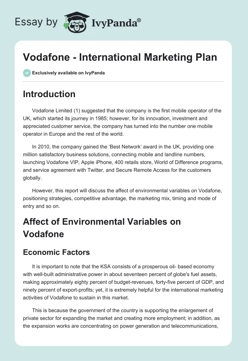 Vodafone - International Marketing Plan. Page 1