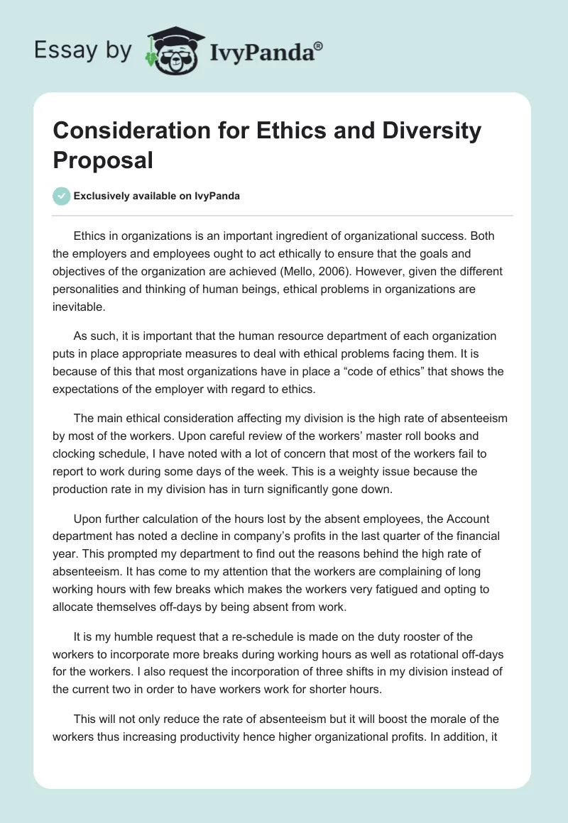 Consideration for Ethics and Diversity Proposal. Page 1