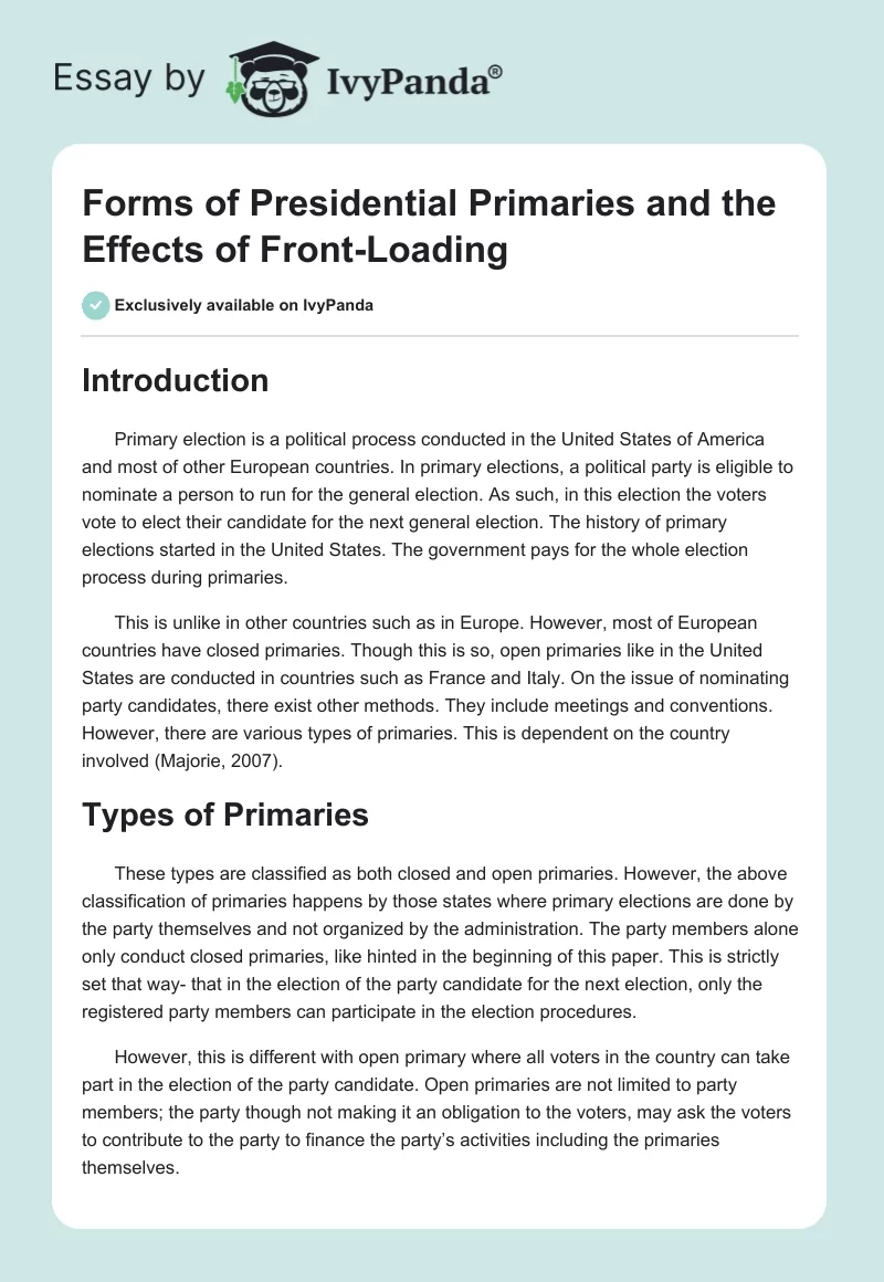 Forms of Presidential Primaries and the Effects of Front-Loading. Page 1