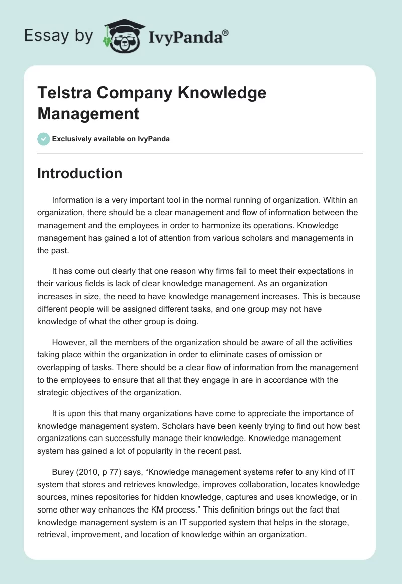 Telstra Company Knowledge Management. Page 1