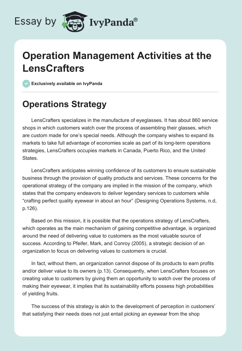 Operation Management Activities at the LensCrafters. Page 1