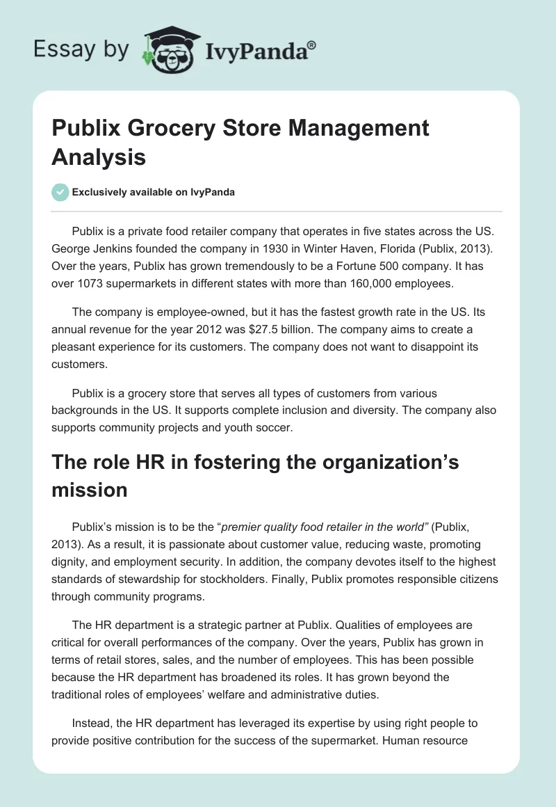 Publix Grocery Store Management Analysis. Page 1