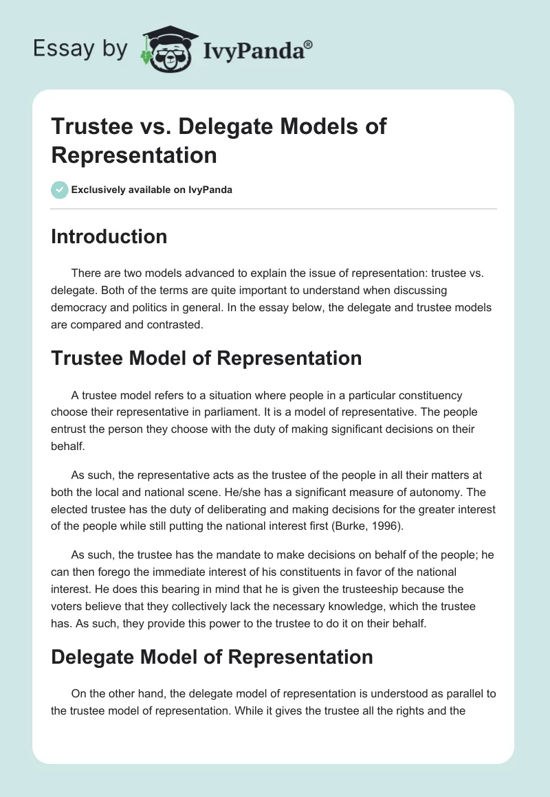 Trustee vs. Delegate Models of Representation. Page 1