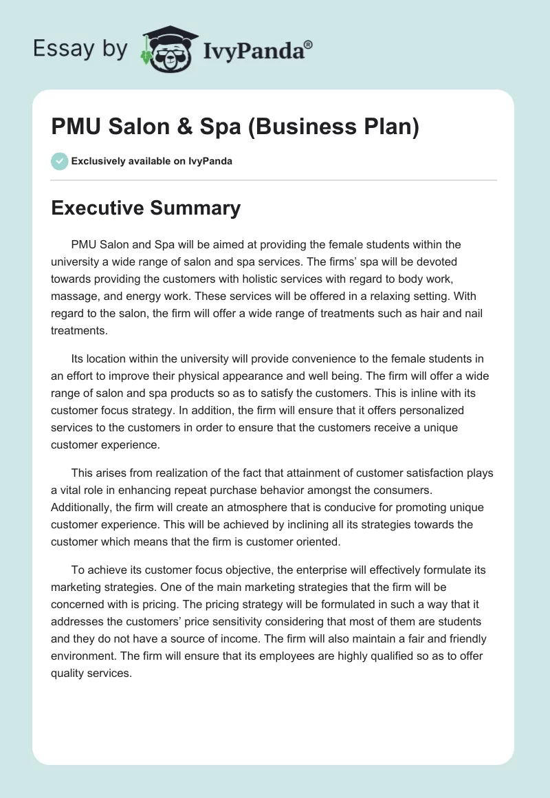 PMU Salon & Spa (Business Plan). Page 1