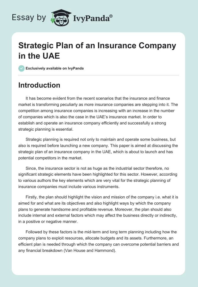 Strategic Plan of an Insurance Company in the UAE. Page 1