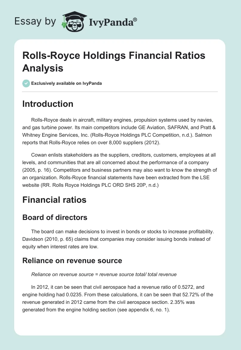 Rolls-Royce Holdings Financial Ratios Analysis. Page 1