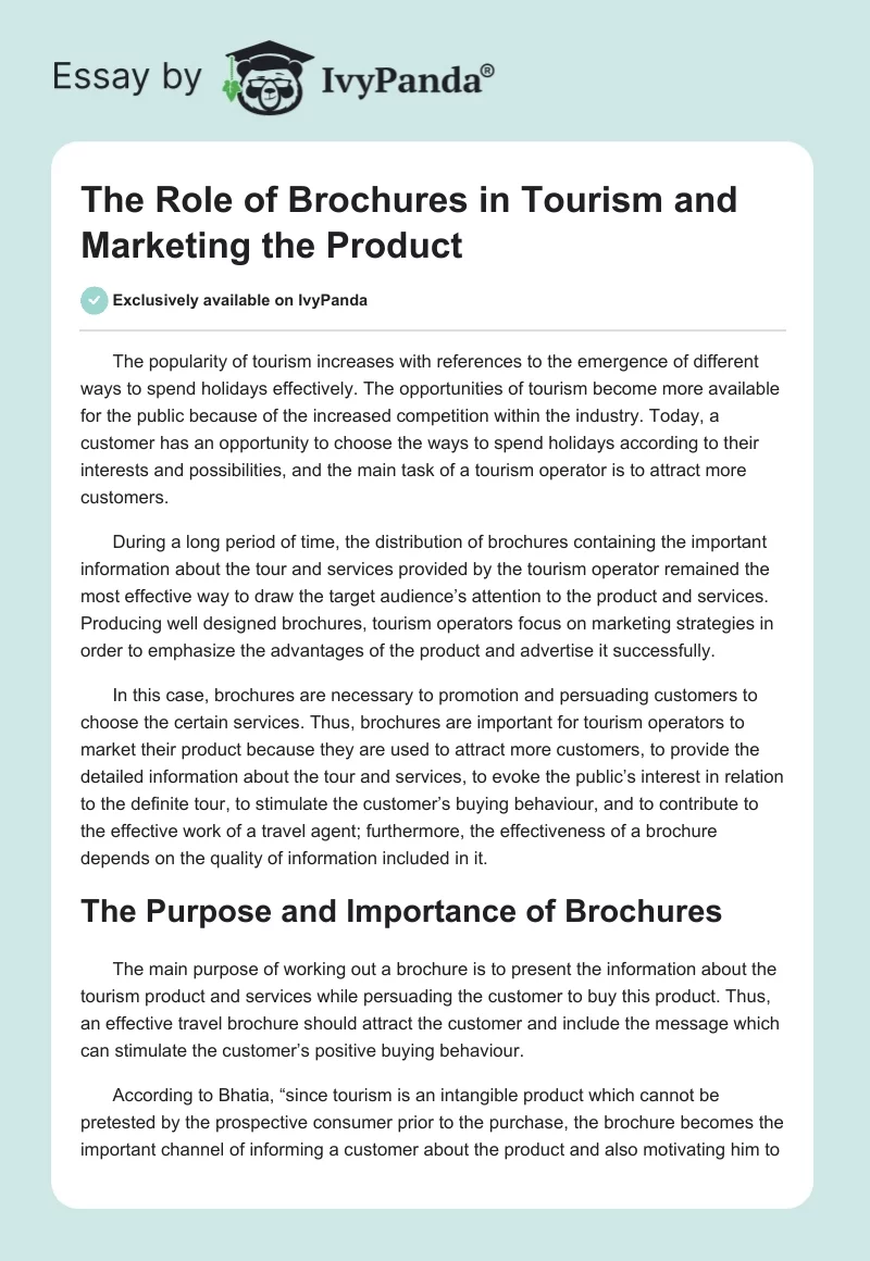 The Role of Brochures in Tourism and Marketing the Product. Page 1