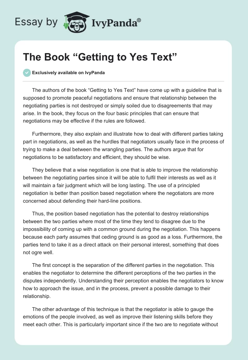 The Book “Getting to Yes Text”. Page 1