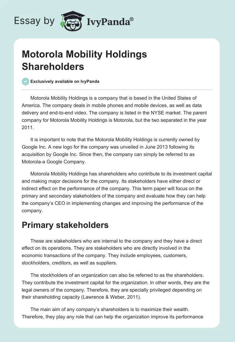Motorola Mobility Holdings Shareholders. Page 1