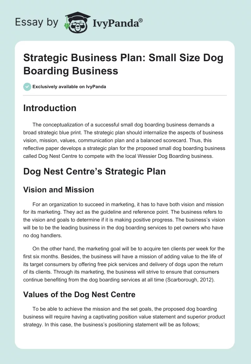 Strategic Business Plan: Small Size Dog Boarding Business. Page 1