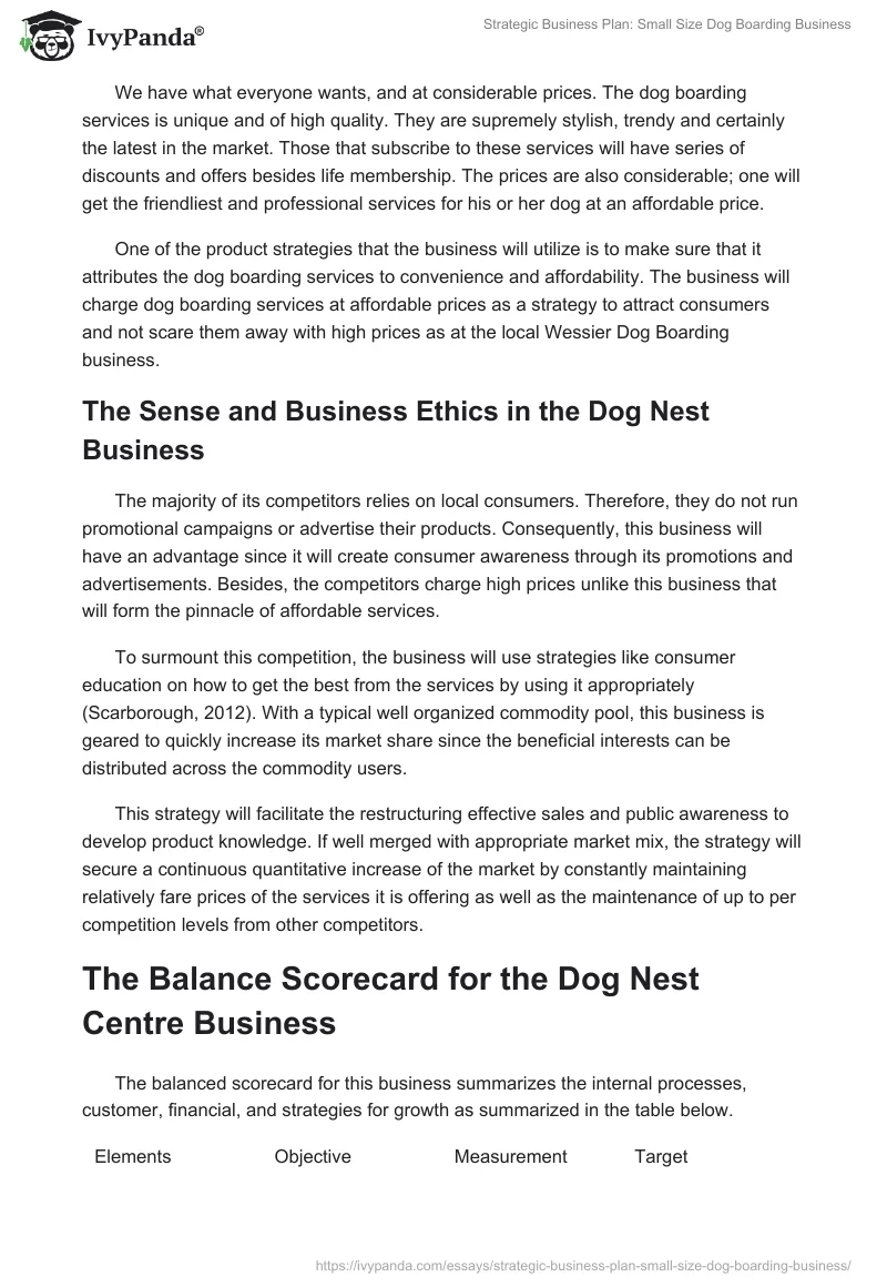Strategic Business Plan: Small Size Dog Boarding Business. Page 2