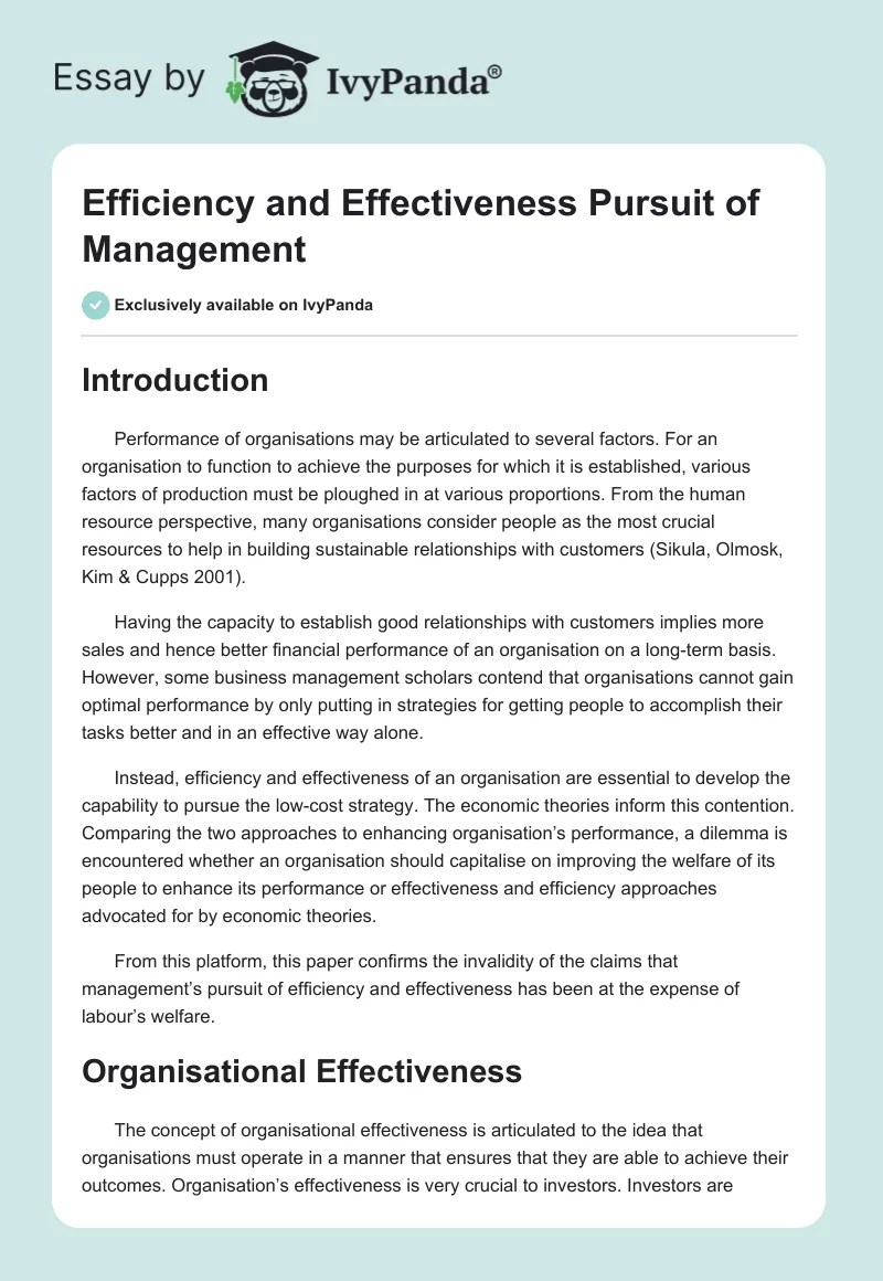 Efficiency and Effectiveness Pursuit of Management. Page 1