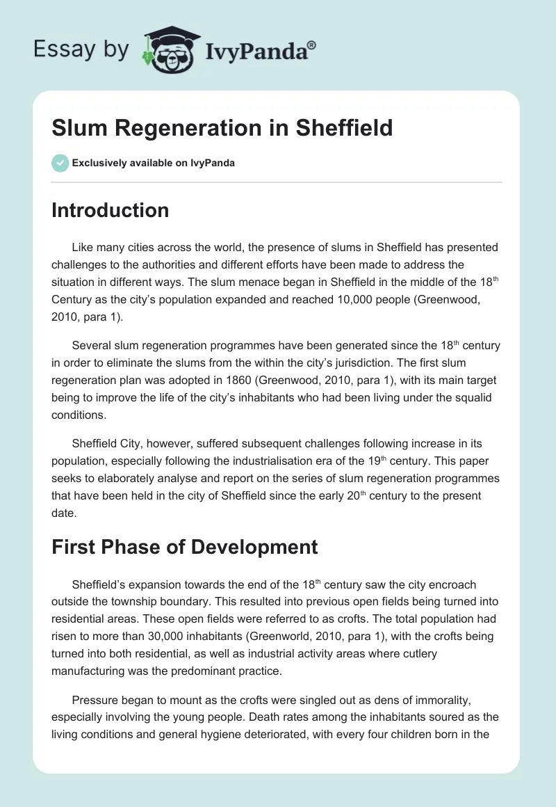 Slum Regeneration in Sheffield. Page 1
