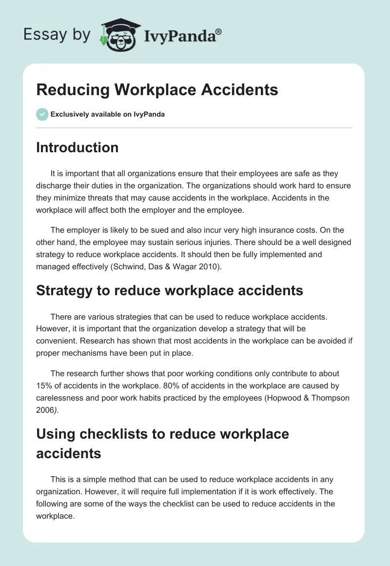 Reducing Workplace Accidents. Page 1