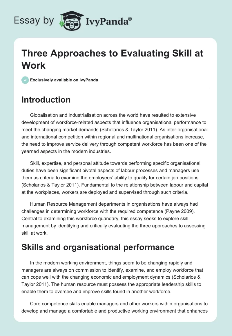 Three Approaches to Evaluating Skill at Work. Page 1