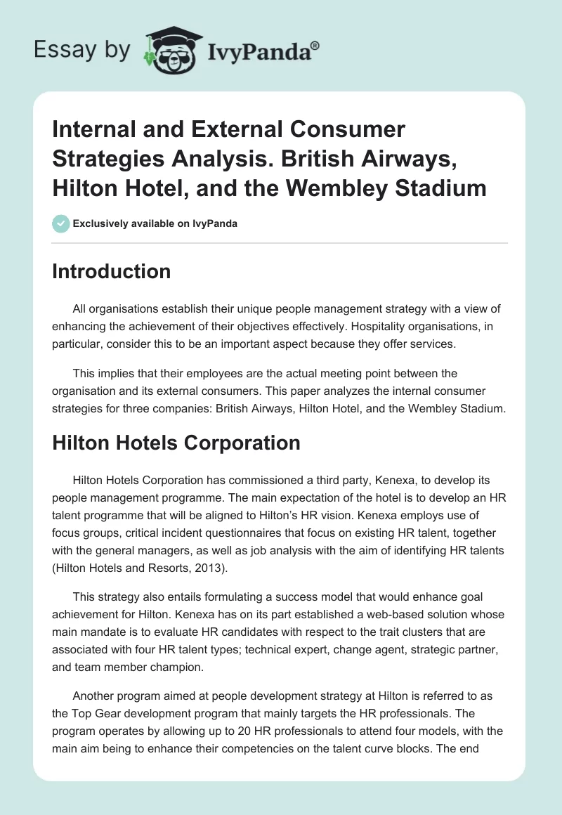 Internal and External Consumer Strategies Analysis. British Airways, Hilton Hotel, and the Wembley Stadium. Page 1