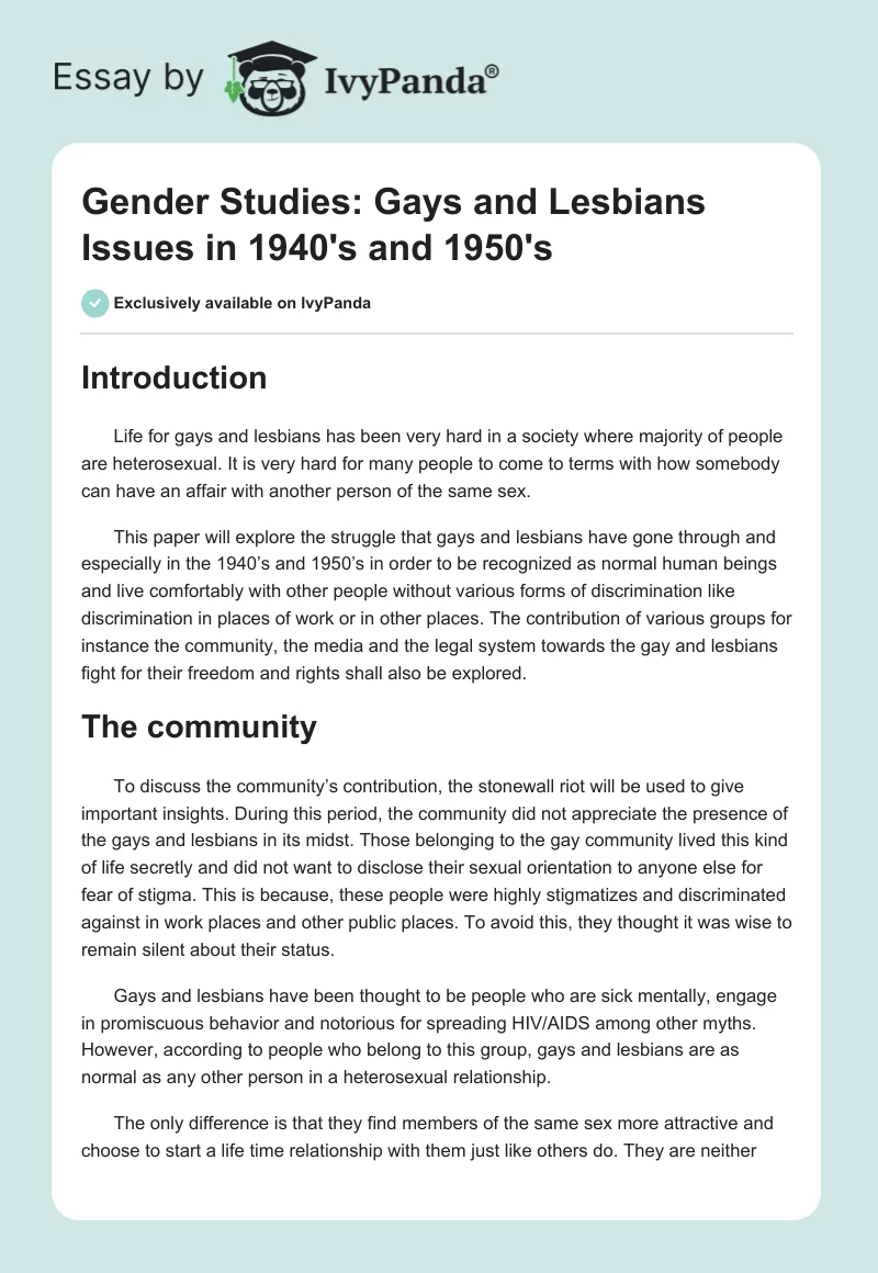 Gender Studies: Gays and Lesbians Issues in 1940's and 1950's. Page 1