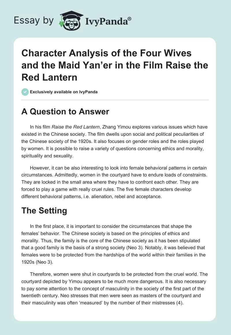 Character Analysis of the Four Wives and the Maid Yan’er in the Film Raise the Red Lantern. Page 1