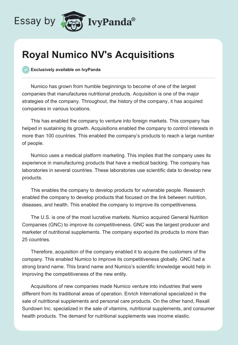 Royal Numico NV's Acquisitions. Page 1