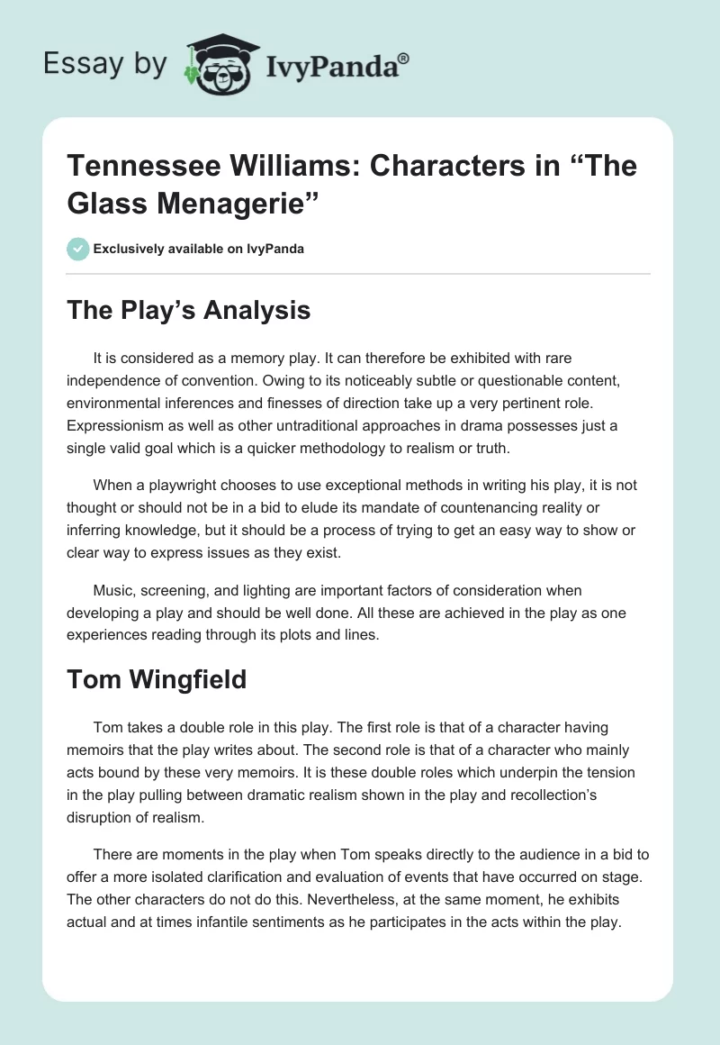 Tennessee Williams: Characters in “The Glass Menagerie”. Page 1