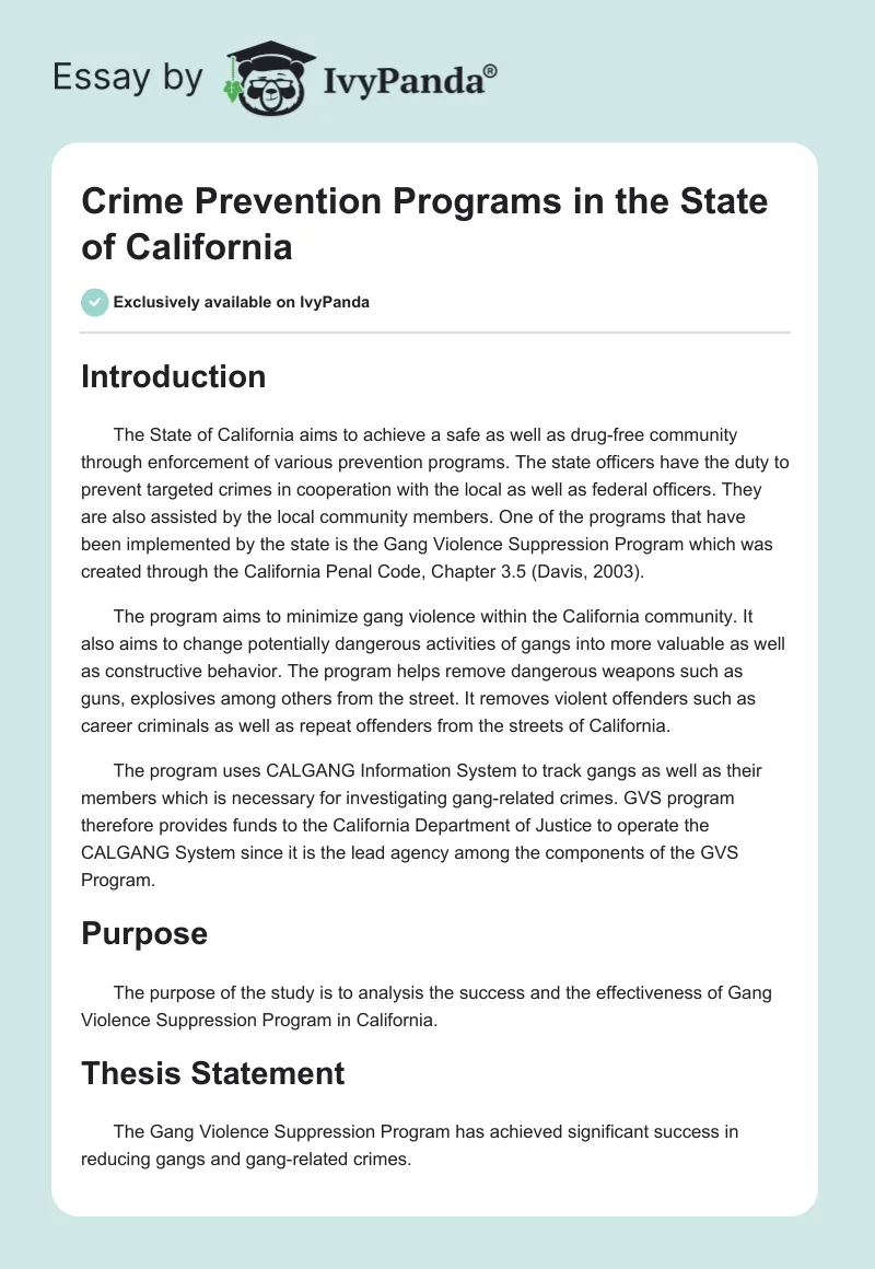 Crime Prevention Programs in the State of California. Page 1