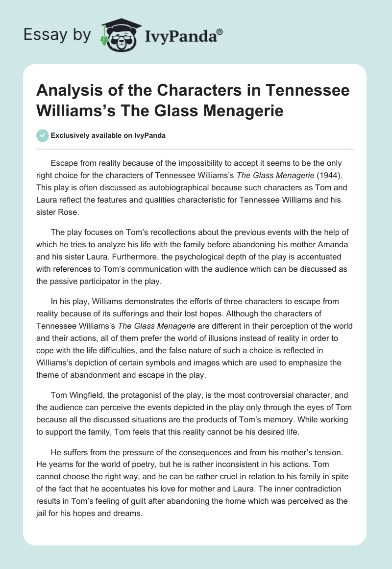 Analysis of the Characters in Tennessee Williams’s The Glass Menagerie. Page 1