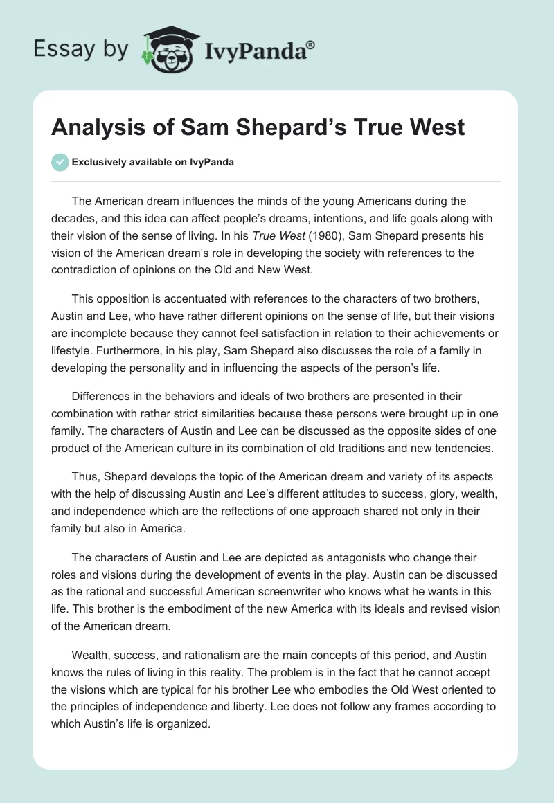 Analysis of Sam Shepard’s True West. Page 1