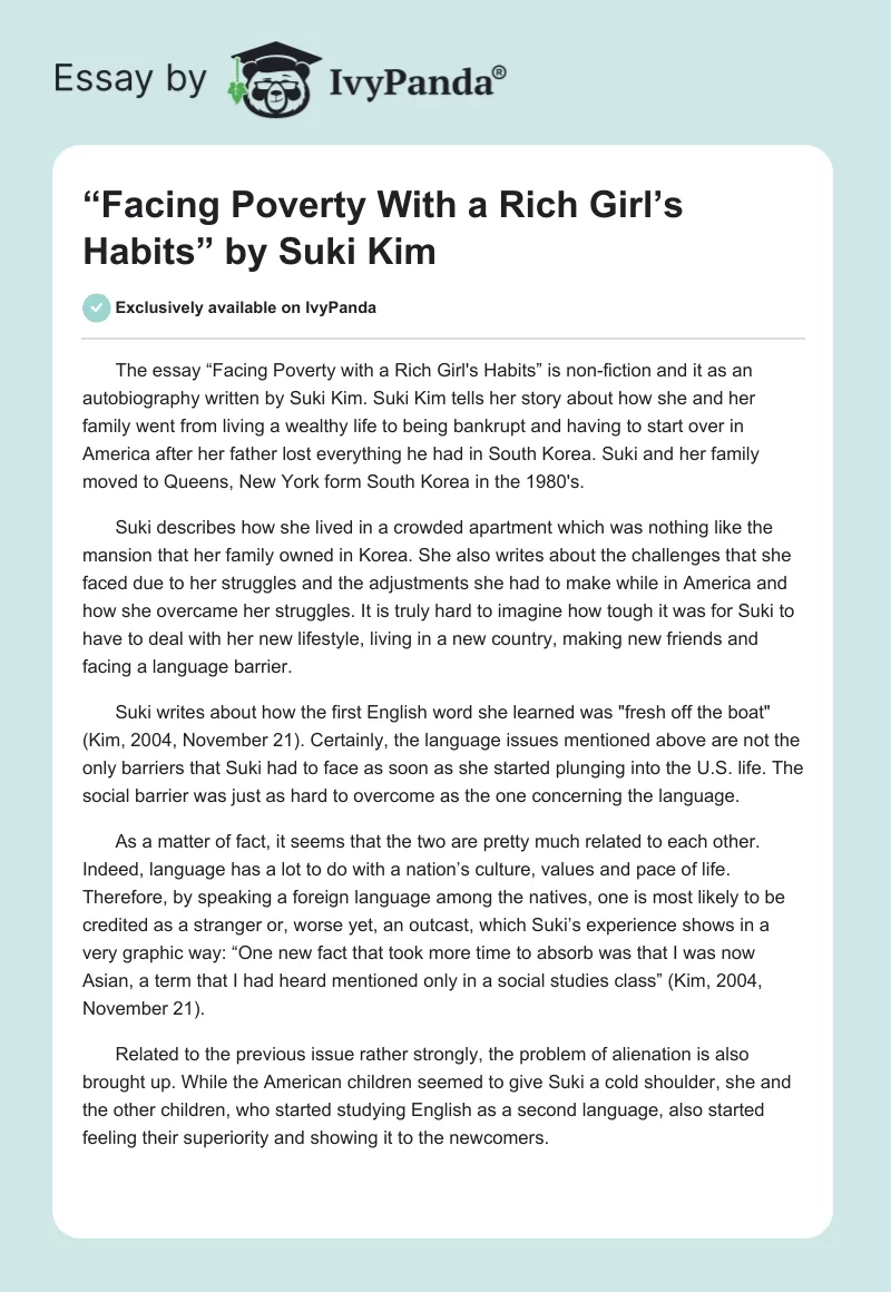 “Facing Poverty With a Rich Girl’s Habits” by Suki Kim. Page 1