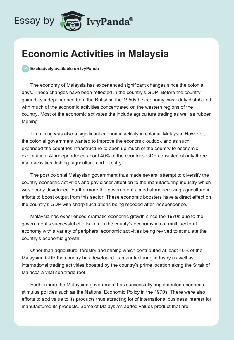 Economic Activities in Malaysia. Page 1