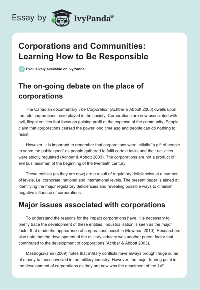 Corporations and Communities: Learning How to Be Responsible. Page 1