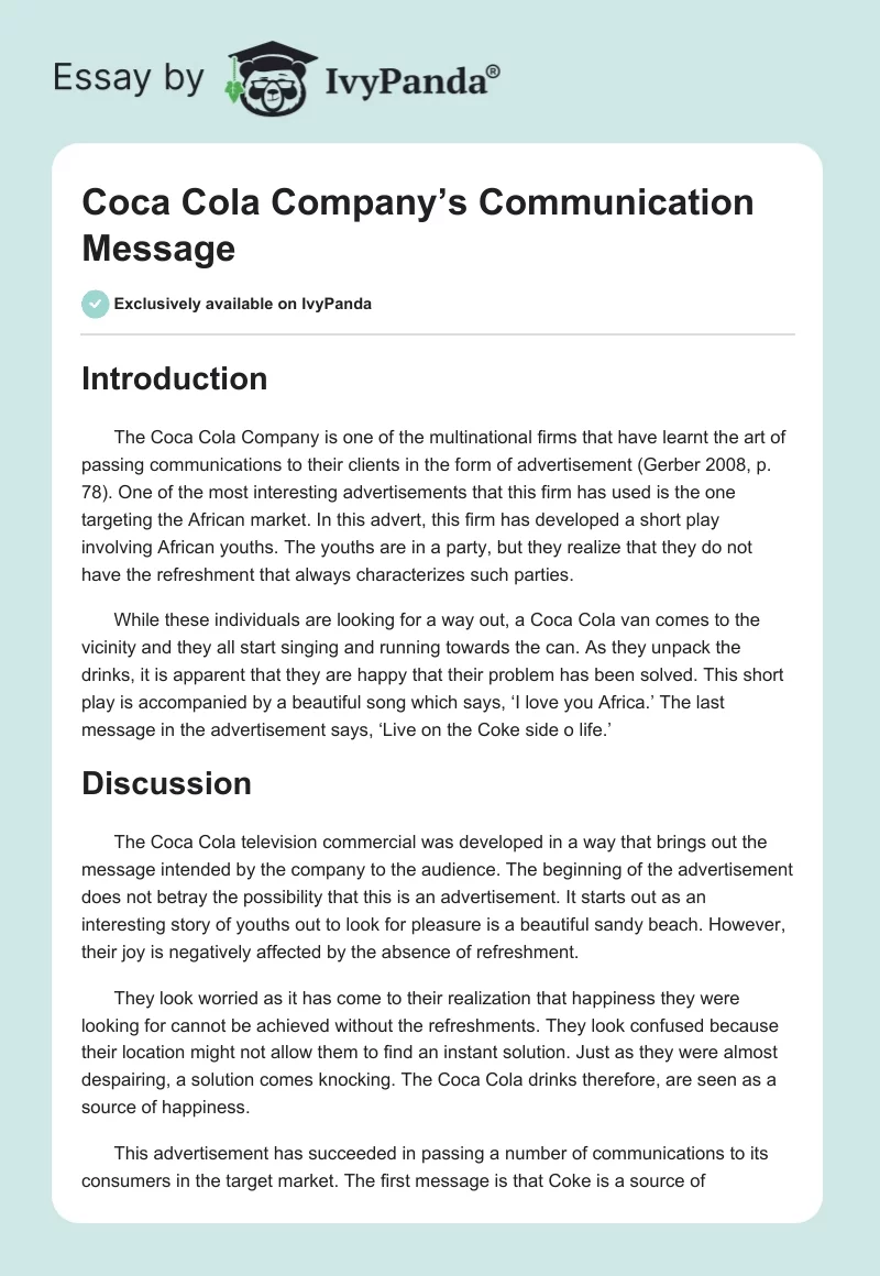 Coca Cola Company’s Communication Message. Page 1