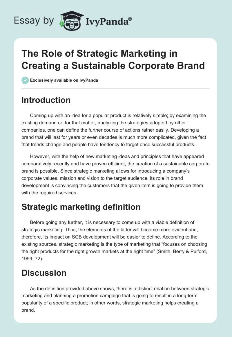 The Role of Strategic Marketing in Creating a Sustainable Corporate Brand. Page 1