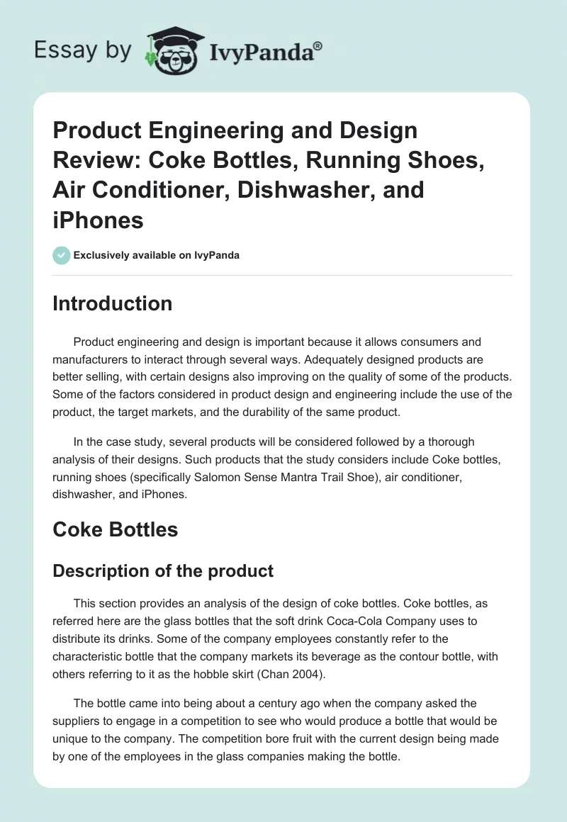 Product Engineering and Design Review: Coke Bottles, Running Shoes, Air Conditioner, Dishwasher, and iPhones. Page 1
