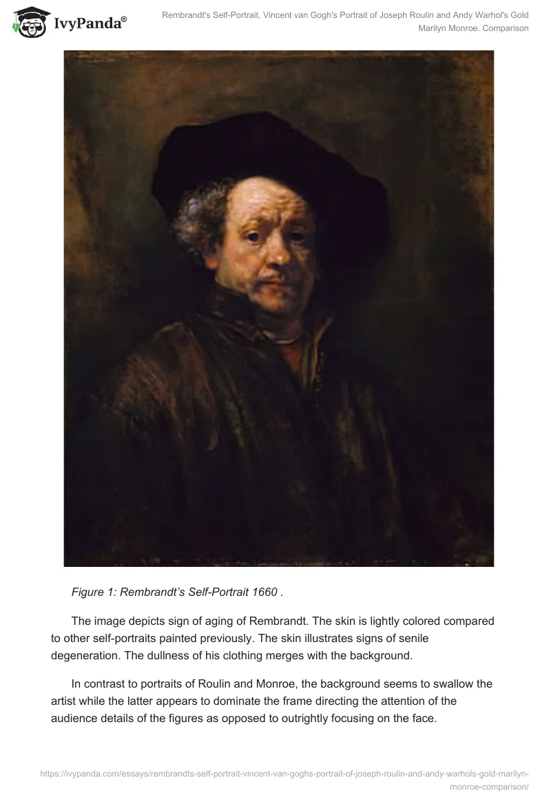 Rembrandt's Self-Portrait, Vincent van Gogh's Portrait of Joseph Roulin and Andy Warhol's Gold Marilyn Monroe. Comparison. Page 3