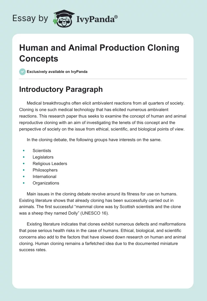 Human and Animal Production Cloning Concepts. Page 1
