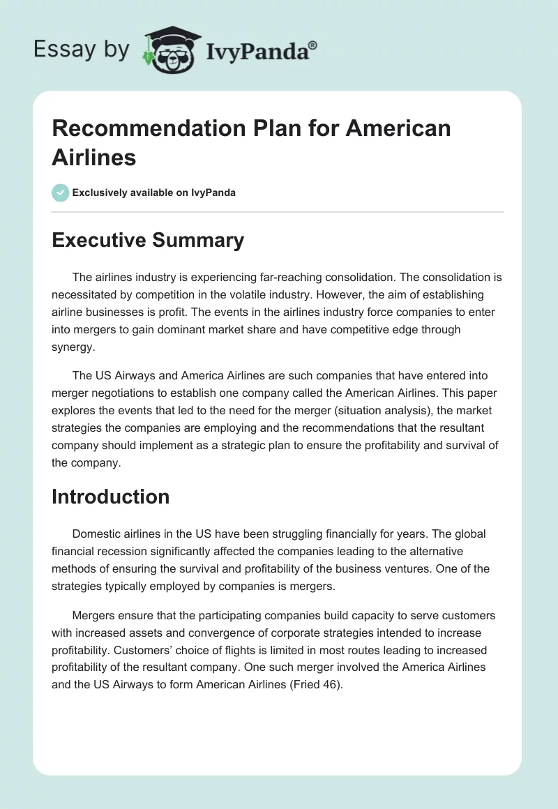 Recommendation Plan for American Airlines. Page 1