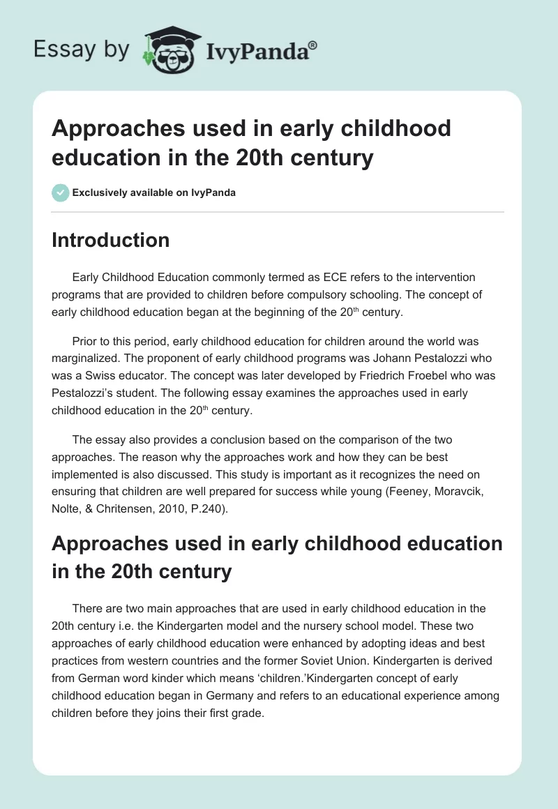 Approaches Used in Early Childhood Education in the 20th Century. Page 1